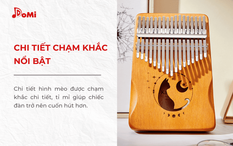 Chi tiết chạm khắc nổi bật của đàn kalimba hình mèo gỗ Mahogany