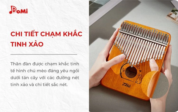 Chi tiết chạm khắc đàn Kalimba hộp Zani hình mèo 21 phím
